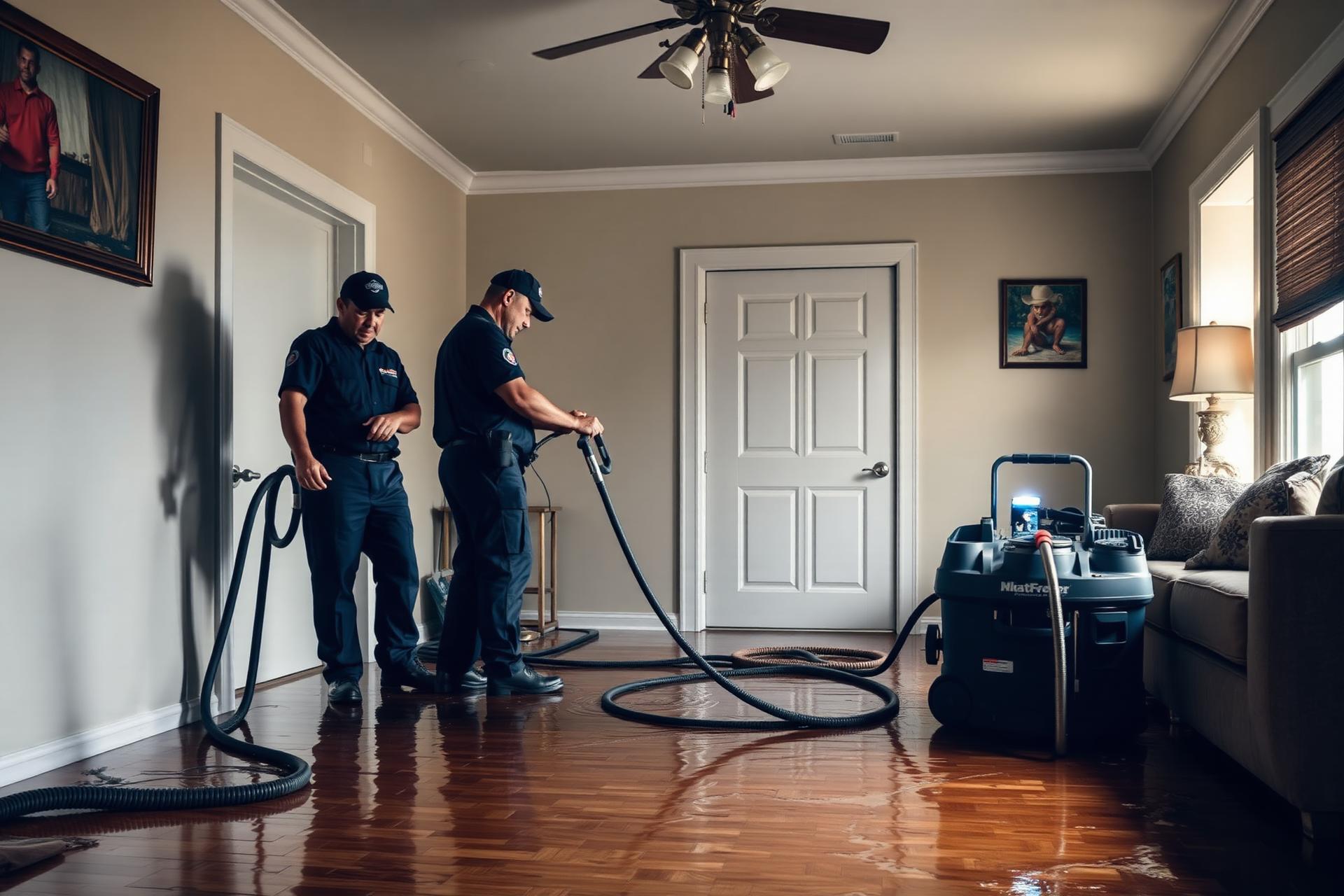Emergency water damage restoration crew extracting water from flooded home